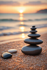 Fototapeta na wymiar Zen stones on the beach near sea, blurred background, warm sunset light