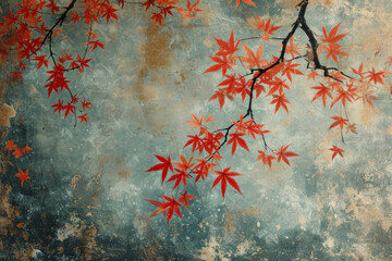 Japanese maple branches on light blue, close up texture of hand painted interior wall paper