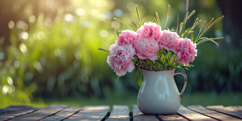 pink peonies  flowers in a pot on a rustic wooden table, blurred nature background, copy space, spring banner  - Powered by Adobe