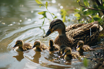 Duck with little ducklings swim in the lake, in the spring