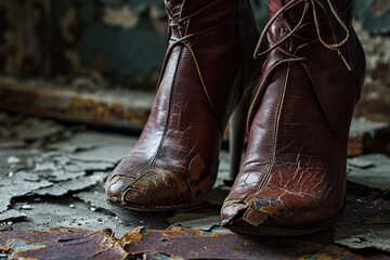 Old women's boots with holes and cracked leather