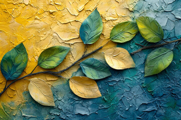 Leaves on contrasting colors, close up texture of hand painted interior wall paper