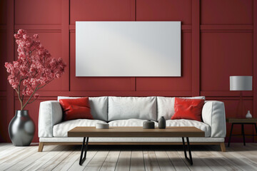 Picture a serene living room with a soft color palette featuring a red sofa and a suitable table, all against an absolutely empty blank frame for your text.