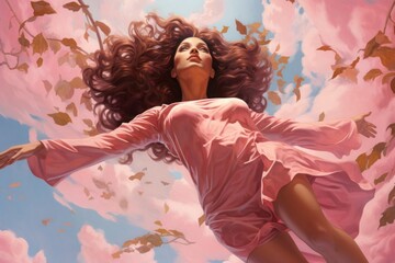 Woman in Pink Dress Flying Generative AI