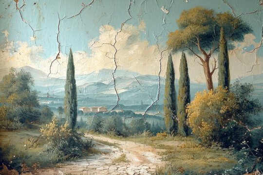 Roman landscape countryside, close up texture of hand painted interior wall paper