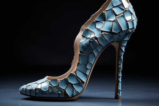 Blue women's shoe with an interesting design of cracked leather on a black background.