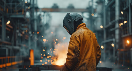 Welder in a protective suit against the background of a metallurgical plant, Portrait, Rear view. Generative AI. - obrazy, fototapety, plakaty