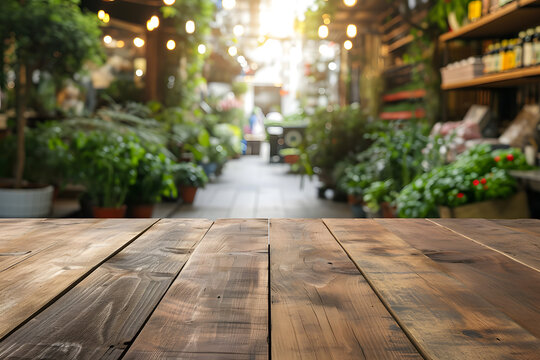 Wooden Tabletop with Blurred Urban Market background, Modern City Market Spot