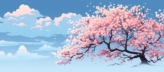 A flowering tree on a blue sky with clouds on it, in the style of minimalistic japanese, cherry blossoms

