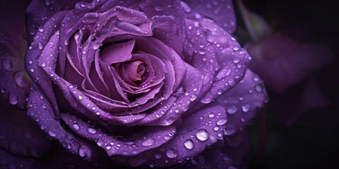 close up of a purple rose with water drops , valentine's day banner, copy space 