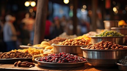 Fototapeta premium a Turkish market, the display of nuts and dried fruits, contemporary aesthetics to showcase the rich textures and colors of these traditional delights.