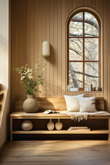 Step into the warmth of a cozy Scandinavian entrance hall adorned with wooden paneling. 