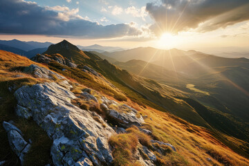 Obraz premium Emerald Mountain Majesty, Realistic Landscape with Sunrays