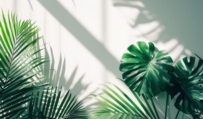 palm tree leaves on a white background with shadows, summer banner, tropical banner 