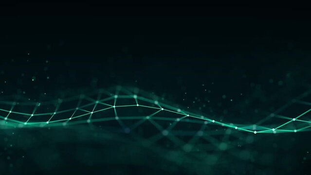 Abstract green technology wave with dots and lines. Flow of particles. Big data transfer visualization. 3d rendering.