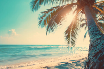 Fototapeta na wymiar Beach Serenity, Soft Focus Palms against a Turquoise Horizon