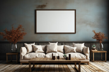 Visualize a comforting atmosphere featuring a brown sofa and a coordinating table, framed by an absolutely empty blank frame, awaiting your text.