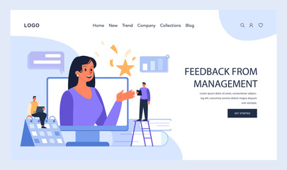 Obraz na płótnie Canvas Feedback From Management concept. A jubilant employee receives a golden star for performance as colleagues observe, capturing the essence of praise and recognition. Flat vector illustration.