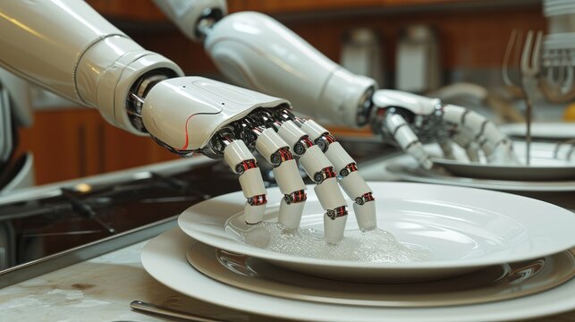 Robot hands washing the dishes. Generative AI.