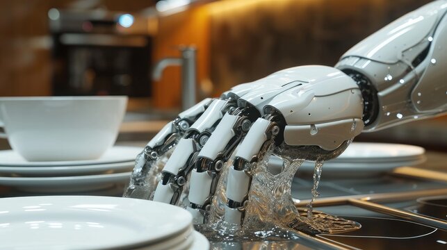 Robot hands washing the dishes. Generative AI.