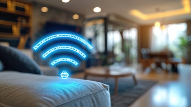 A wifi extender, Blue wifi symbol, Connected smart home. Generative AI.