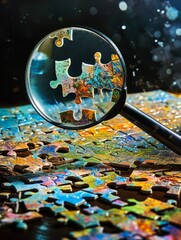 A conceptual photograph featuring a magnifier glass hovering over a jigsaw puzzle,