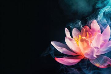 Lotus flower made of colourful smoke on a black background 