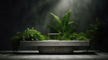 a natural stone and concrete podium against a natural green background for an empty showcase, ideal for packaging product presentations, synergy between nature and product display.