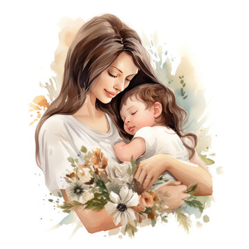 woman with her baby, mother's day concept, mother's day banner, watercolour style 