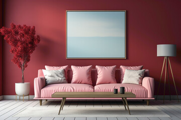 A living room adorned with a soft color red sofa and a complementary table, set against an empty blank frame for copy text.
