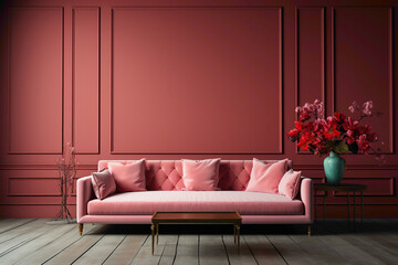 A living room adorned with a soft color red sofa and a complementary table, set against an empty blank frame for copy text.