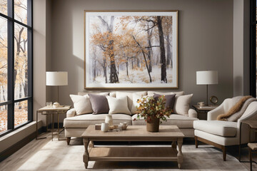 Create a serene living room ambiance with a simple frame, showcasing a beautiful painting of nature that brings the outdoors inside.
