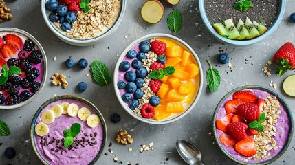 Table With Assorted Bowls of Fresh Fruit and Granola for a Healthy Breakfast or Snack