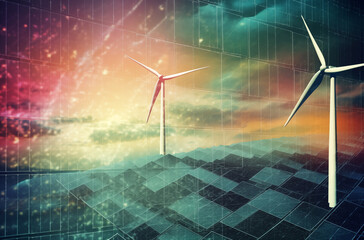 Clean Energy Landscape: Solar Panes Grid and Windmill Wind Turbines - obrazy, fototapety, plakaty