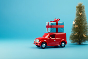 Desirable present on Christmas concept Close up photo of small toy luxurious stylish car wrapped with red ribbon standing near spruce green tree isolated over light color blue background Generative AI