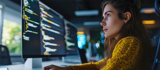 Programmer coding software, businesswoman working on computer in office.