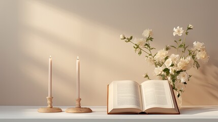 the Holy Bible, a cross, and flowers on a light background with space for text, contemporary aesthetics to convey the sacredness and tranquility of the scene.