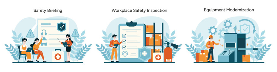 OSHA essentials set. Engaging in safety briefings, thorough workplace inspections, and the modernization of equipment. Prioritizing worker safety and preventive measures. Flat vector illustration - obrazy, fototapety, plakaty