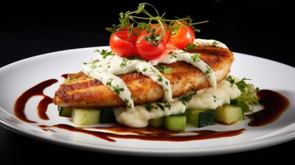 a Chicken Kiev cutlet with mashed potatoes, tomatoes, and cucumbers in a plate on a wooden light background, contemporary aesthetics to highlight the culinary beauty of the dish.