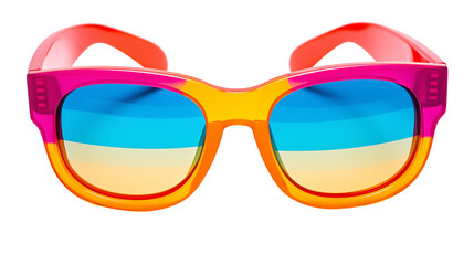 rainbow shade sunglasses, fashion sunglasses with colorful frames and striped lenses isolated on a transparent background, front view, beach day summer fun	