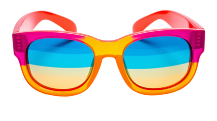 rainbow shade sunglasses, fashion sunglasses with colorful frames and striped lenses isolated on a transparent background, front view, beach day summer fun	