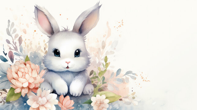 Easter cute bunny with flowers, watercolour style