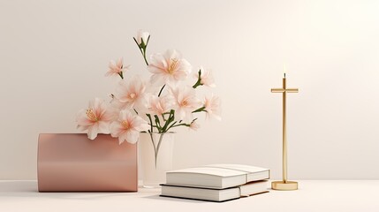 the Holy Bible, a cross, and flowers on a light background with space for text, contemporary aesthetics to convey the sacredness and tranquility of the scene.