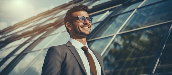 Smiling businessman in glasses standing by solar panels - obrazy, fototapety, plakaty