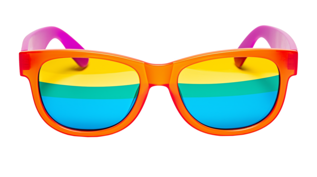 rainbow shade sunglasses, fashion sunglasses with colorful frames and striped lenses isolated on a transparent background, front view, beach day summer fun