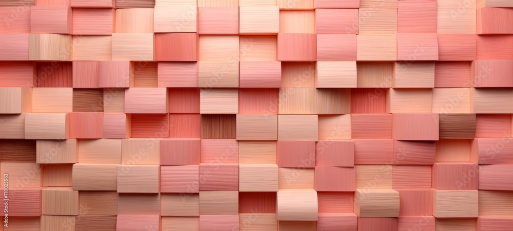 Poster abstract geometric peach fuzz colors, apricot colored 3d wooden square cubes texture wall background