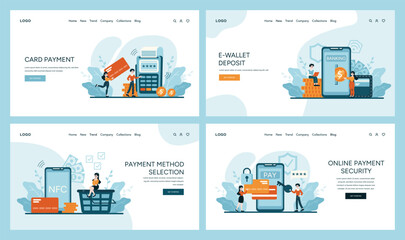 Web Layout Payment Methods set. Intuitive designs for card transactions, e-wallet funding, NFC tech, and secure online payments. Flat vector illustration