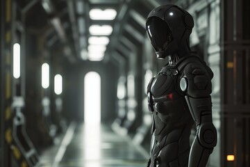 Futuristic android stands amidst sci-fi city, artificial intelligence with urban cybernetic tableau