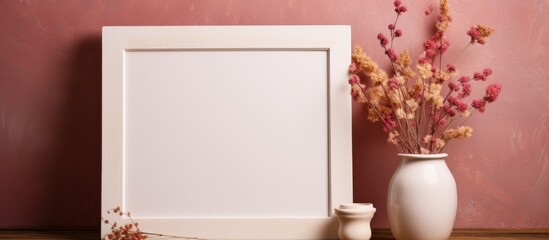 A frame made of wood with a white card and a pink vase holding dried flowers from the field.