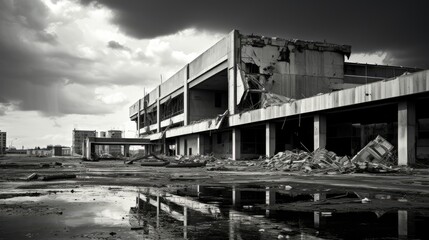 Fototapeta premium war with a poignant composition featuring a shopping center damaged by shelling, contemporary aesthetics to convey the stark contrast between destruction and modern architecture.